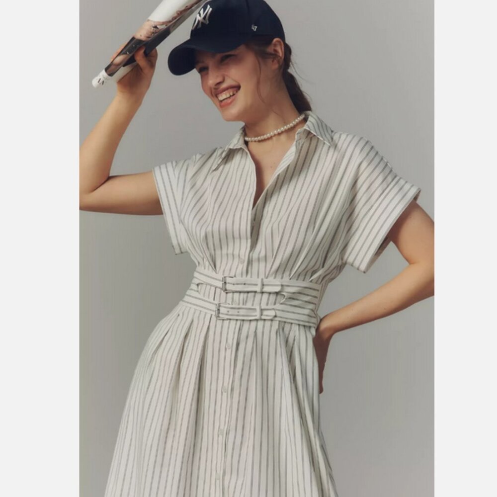Anthropologie The Tobie Double Buckle Shirt Dress by Exquise Pinstripe M NWT - Picture 2 of 8
